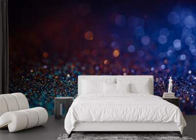 Decoration twinkle lights background, abstract sparkle backdrop with circles,modern design wallpaper with sparkling glimmers. Blue, orange and golden backdrop glittering sparks with blur effect Wall mural