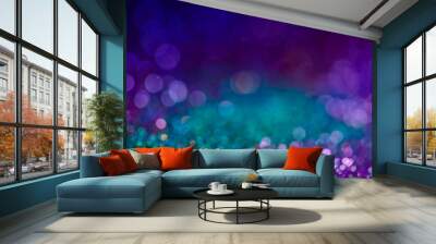 Festive bokeh glitters background, abstract shiny backdrop with circles,modern design overlay with sparkling glimmers. Blue, purple and green backdrop glittering sparks with glow effect Wall mural