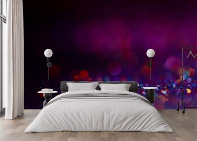 Festive twinkle glitters background, abstract glowing backdrop with circles,modern design overlay with sparkling glimmers. Purple, red, black and blue backdrop glittering sparks with blur effect Wall mural