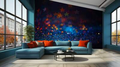 Festive twinkle lights background, abstract sparkle backdrop with stars, modern design overlay with sparkling glimmers. Blue, orange and green backdrop glittering sparks with blur effect Wall mural