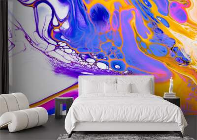 Fluid art texture. Background with abstract iridescent paint effect. Liquid acrylic artwork with flows and splashes. Mixed paints for interior poster. Blue, orange and white overflowing colors Wall mural