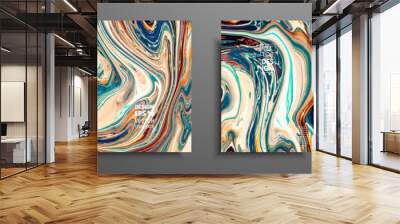 Flyer layout template with mixture of acrylic paints. Liquid marble texture. Fluid art. Applicable for design cover, flyer, poster, placard. Mixed green, brown and yellow paints Wall mural