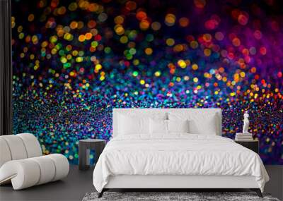 Shiny multicolor glitter raster background. Abstract shimmering pink, blue, yellow circles decorative backdrop. Bokeh lights effect illustration. Overlapping glowing and twinkling spots. Wall mural