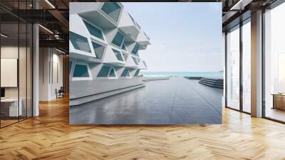 Abstract architecture design of modern building. Empty parking area concrete floor with beach and blue sky sea view. 3D rendering background image for car scene. Wall mural