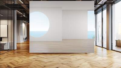 Blank wall on empty wooden floor of large living room in modern house or luxury hotel. Minimal home interior 3d rendering with beach and sea view. Wall mural