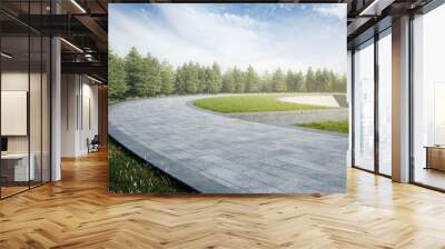 Empty curved concrete path with meadow and tree. 3d rendering of abstract space with sky background. Wall mural