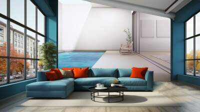 Luxury interior design 3D rendering of modern house or hotel. Concrete floor terrace and swimming pool with empty white wall background near blank picture frame. Wall mural