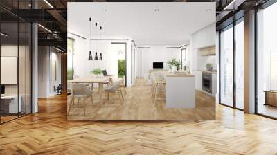 Table on parquet floor of bright dining room near living room and kitchen in modern beach house or luxury villa. White home interior 3d rendering with sea view. Wall mural