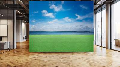 beautifuly kept green grass lawn sports field by a water harbor and wonderful blue cloud sky Wall mural