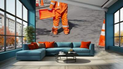 street construction zone with orange suited man directing traffic with orange flag Wall mural