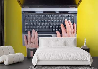 Female hands type the text on the keyboard of the laptop Wall mural