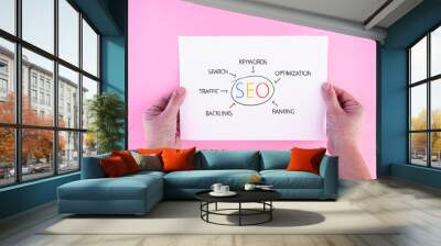 woman hands holds drawn SEO optimization flow chart  on paper sheet Wall mural