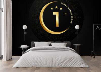 1 year anniversary with a half moon, stars, glitter and editable speech text. Golden half moon anniversary banner template with a golden number Wall mural