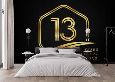 13 years anniversary. Lined gold hexagon and curving anniversary template. Wall mural