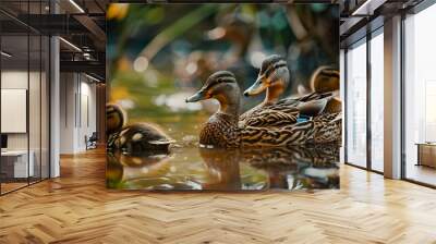 Duck family quacking near pond, AI Generative. Wall mural