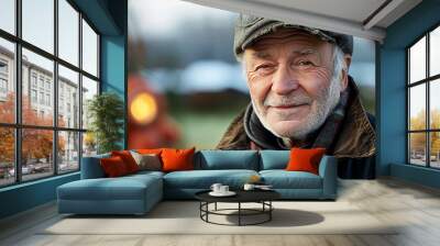 Senior man in cap and warm clothing smiling, AI Generative. Wall mural