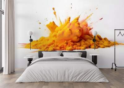 bright yellow orange holi paint color powder festival explosion burst isolated white background. industrial print concept background Generative AI Wall mural