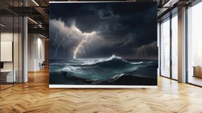 Night sea dramatic landscape with a storm. Night storm on the ocean. Gloomy giant waves and lightning. Dark cloudy sky above the water. Generative AI Wall mural