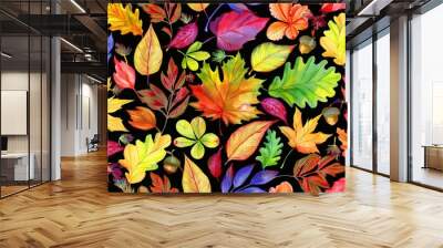 Autumn leaves pattern. Falling leaf seamless background with Oak, maple, chestnut, linden, aspen, walnut and rowan foliage in cartoon style. Autumn mood forest print for textile or wrapping paper. Wall mural