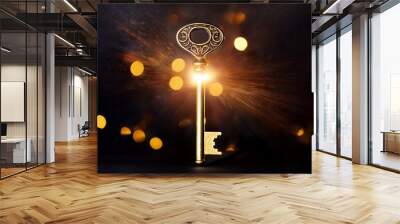 Golden key with glowing lights and dark background, wisdom, wealth concept Wall mural