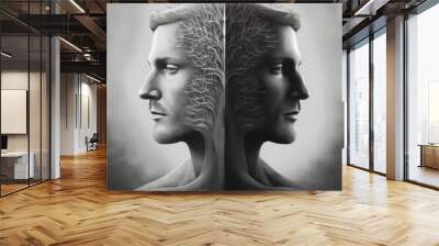 Metaphor bipolar disorder mind mental. Double face. Split personality. Concept mood disorder. Dual personality concept. 2 Head silhouette. Mental health. Imagination. Web banner.  Wall mural