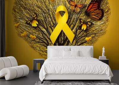 Yellow ribbon on heart tree with butterfly on volunteer's hand for  International World Suicide Prevention Day Wall mural