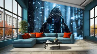 A man in a hoodie is looking at the camera in a blue background, hacker and digital code concept Wall mural