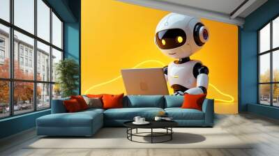 Artificial intelligence robot using laptop neon light futuristic technology 3d illustration banner Wall mural