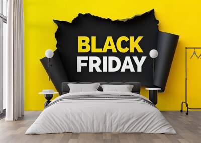 Black Friday sale announcement with a torn black paper background on yellow.  Wall mural