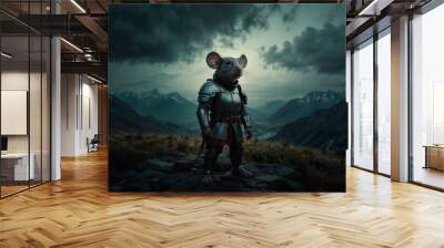 Cartoon samurai rat in armor in the mountains against the backdrop of dark clouds. Wall mural