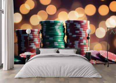 Casino poker chips on light illumination, bokeh Wall mural