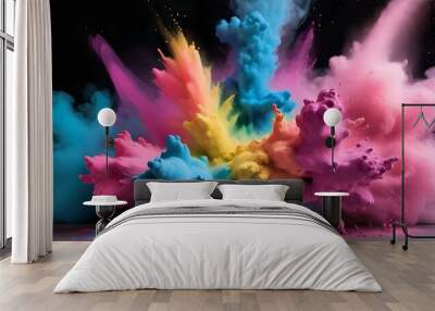 Color powder splash rainbow background paint holi smoke colour abstract. Powder color splash explosion dust ink burst splatter white texture isolated black spray party blue wallpaper cloud pink stain Wall mural