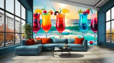 Colored alcoholic cocktails against the background of the ocean Wall mural