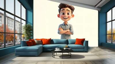 Confident smiling cartoon man standing on white background, positive and cheerful successful male character, happy and confident cartoon person. Wall mural