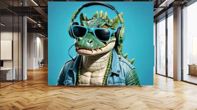 Crocodile wearing glasses and headphones on a blue isolated background Wall mural