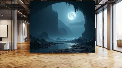 Dark fantasy landscape, cave, moon Wall mural