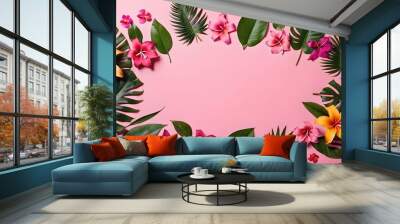 Flat lay of tropical flowers and leaves arranged on a pink background, creating a vibrant and exotic composition. The colorful scene highlights the beauty and diversity of nature. Empty space place fo Wall mural