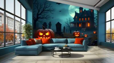 Halloween banner, jack o lantern and tombstones in spooky cemetery with haunted house and bats on Halloween night Wall mural