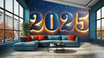 Happy New Year 2025, festive background with numbers 2025. Shiny text 2025 on blue festive background, greeting card, Christmas and New Year celebration, holiday season, sparkling light frames Wall mural