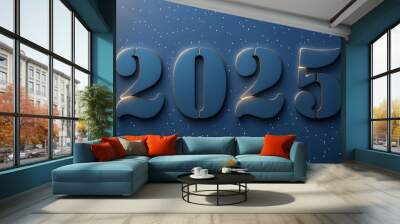 Happy New Year 2025, festive background with numbers 2025. Shiny text 2025 on blue festive background, greeting card, Christmas and New Year celebration, holiday season, sparkling light frames Wall mural