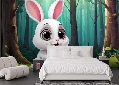 Illustration of a cute white rabbit sitting in a forest - animated cartoon Wall mural