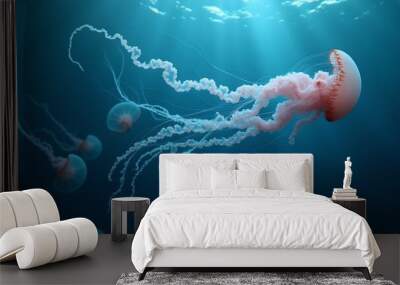 Jellyfish gracefully swims in the depths of the ocean. Captures the calm and mesmerizing movement of sea life, perfect for aquatic themed designs Wall mural