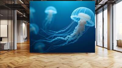 Jellyfish gracefully swims in the depths of the ocean. Captures the calm and mesmerizing movement of sea life, perfect for aquatic themed designs Wall mural