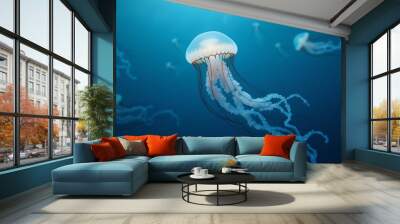 Jellyfish gracefully swims in the depths of the ocean. Captures the calm and mesmerizing movement of sea life, perfect for aquatic themed designs Wall mural