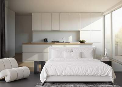 Minimalist kitchen with white walls, natural wood and large windows that let in light Wall mural