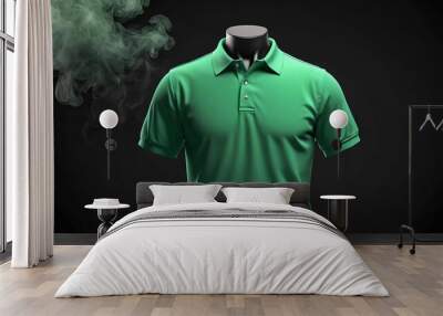 Mock up 3D green polo shirt on a black background podium with light smoke Wall mural