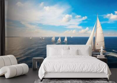 One regatta of sailing ships with white sails on the high seas. Aerial view of a sailboat in a windy state. Wall mural