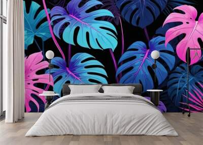 Purple blue and pink neon exotic tropical plant leaves background. Violet fluorescent monstera banner, jungle rainforest palm illustration, trendy advertisement poster  Wall mural