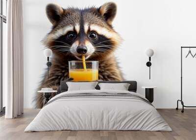 Raccoon drinking orange juice on white isolated background, advertising banner, mockup Wall mural