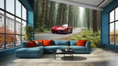 Red sports car driving through picturesque forest Wall mural